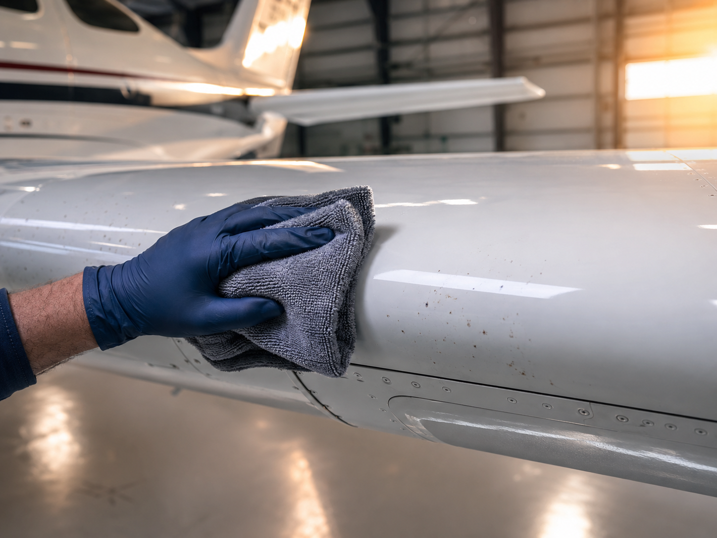 Aircraft leading edge being carefully wiped with a microfiber cloth